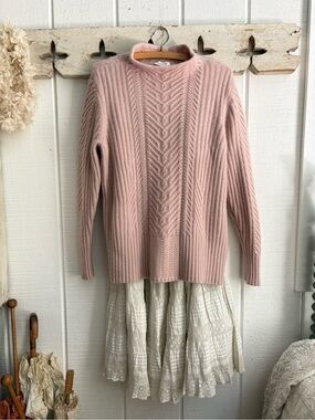 Dusty Pink Cable-Front Crewneck 100% Cashmere Sweater XL